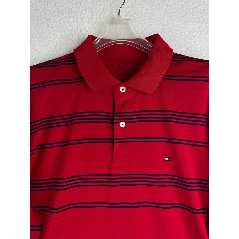 Tommy Hilfiger Performance Mens XL Red Navy Blue Striped Short Sleeve Polo Shirt